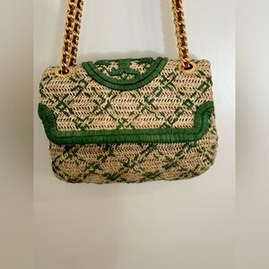 Tory Burch Fleming Soft Women's Chain Shoulder Bag Handbag Raffia Beige Green